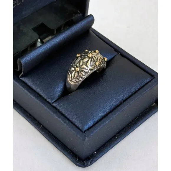 Vintage 90's 925 silver Floral Dome Ring Gold Vermeil Dots 6.4g Size 6 3/4 - Picture 10 of 12